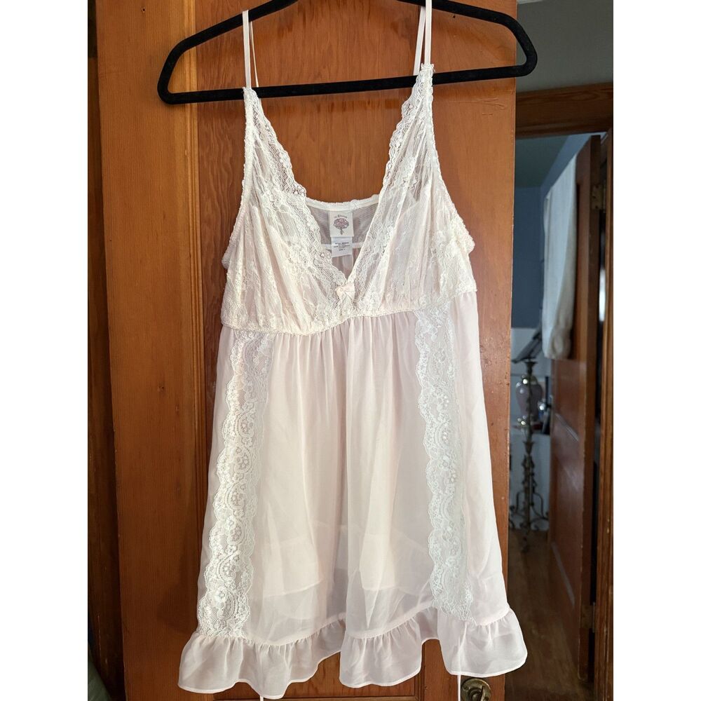 In Bloom by Jonquil Pink Sheer Babydoll Nightgown Lace Trim Slip Coquette